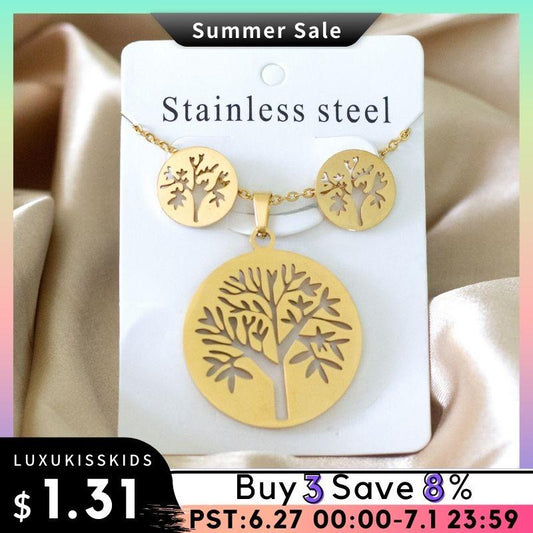LUXUKISSKIDS Dubai Jewelry Sets For Women Necklace Earrings Man Wedding 18K Round Big Circle Tree Pendant  African Hippie Sets - SUNSEED THE JOURNEY