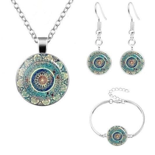 Glass Cabochon Pendant Necklace Bracelet Earrings Om India Yoga Mandala Jewelry for Women's fashion Gift Friendship Jewelry - SUNSEED THE JOURNEY