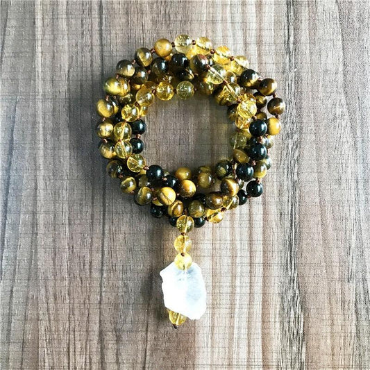 Natural AAA Black tourmaline Tiger Eye and Yellow Quartz Mala Necklace 108 Mala Beads Necklace long Tassel Meditation Jewelry - SUNSEED THE JOURNEY