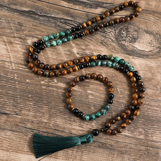 8mm Yellow Tiger Eyes Turquesa Africana Black Onyx Japamala Set Meditation Yoga Spirit Jewelry 108 Mala Beaded Tassel Necklace - SUNSEED THE JOURNEY