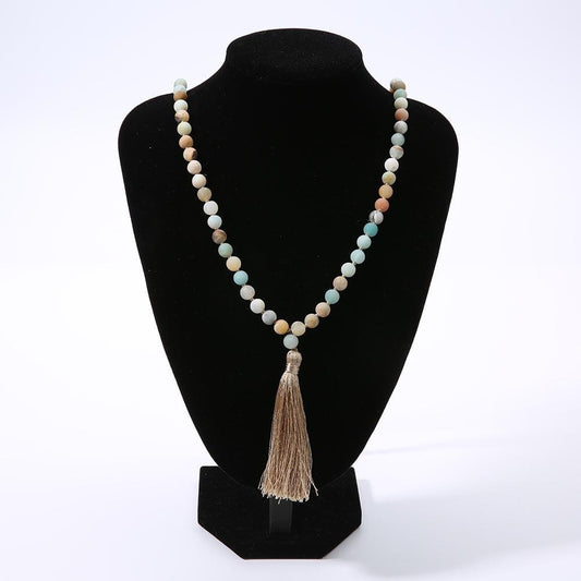 Frosted Amazonite 108 Beads Knotted Mala Necklace | Stylish Beaded Tassel Necklace | Yoga Rosary Prayer Charm - SUNSEED THE JOURNEY