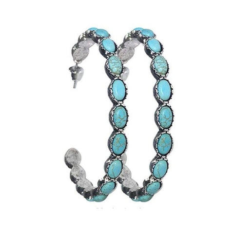 Stylish Turquoise C-Shaped Hoop Earrings | Vintage Western Style Large Hoops | Oversized Metal Statement Earrings