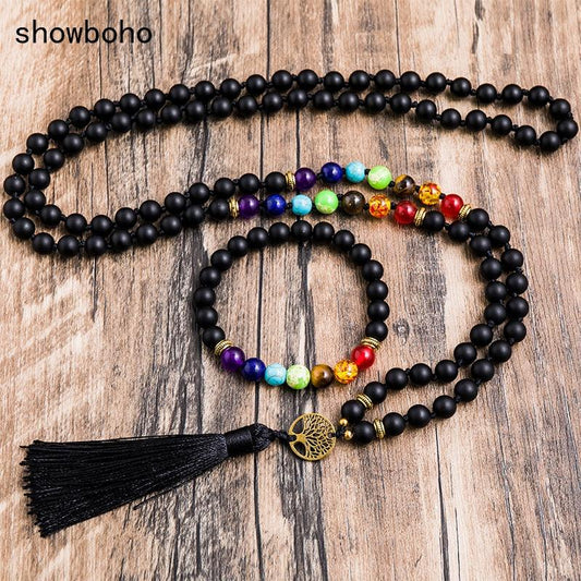 8mm Matte Black Onyx 7 Chakra Beaded Knotted 108 Mala Necklace Meditation Yoga Spirit Luckly Energy Jewelry Japamala Sets - SUNSEED THE JOURNEY