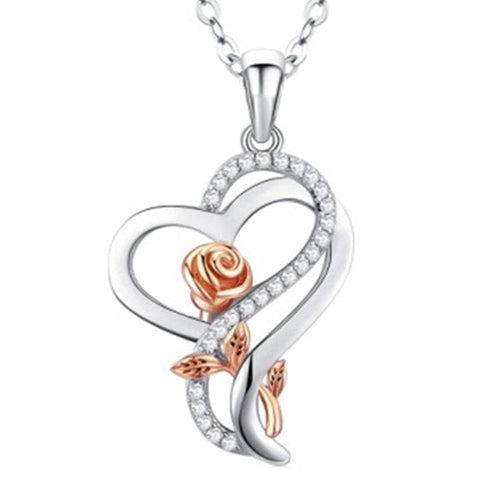 Luxurious Zircon Rose Heart Necklace | Fashion Double-Layer Long Chain Wedding Pendant | Beautiful Sterling Silver Rose Necklace