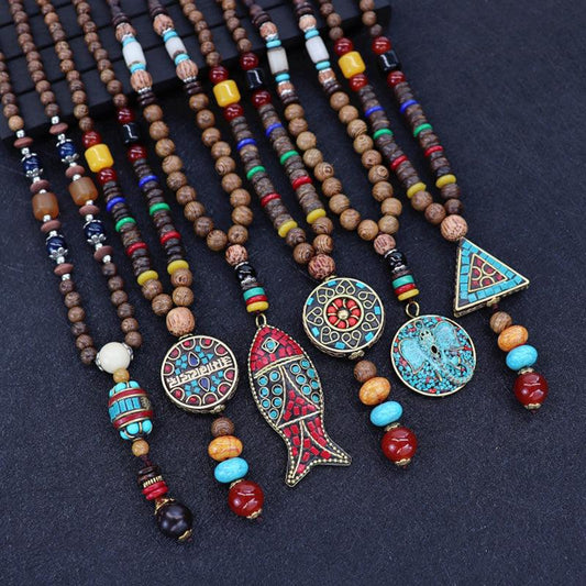 Vintage Nepal Long Buddhist Mala Wood Beaded Pendant & Necklace Ethnic Bohemian Boho Elephant Buddha Lucky Jewelry for Women Men - SUNSEED THE JOURNEY