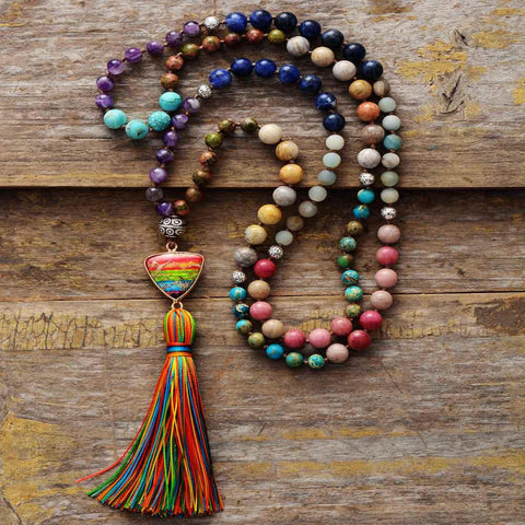 Gorgeous New Natural Stones Chakra Charm Triangle Pendant Tassel Mala Necklaces Women Elegant Rosary Necklace Jewelry Gifts Wholesale