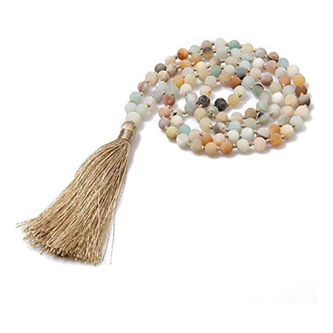 Frosted Amazonite 108 Beads Knotted Mala Necklace | Stylish Beaded Tassel Necklace | Yoga Rosary Prayer Charm