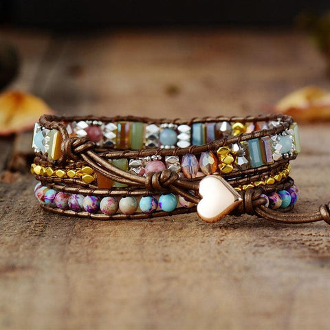 Multi-color Leather Wrap Bracelet | Natural Beads Crystal Weaving Statement Bracelet | Handmade Leather Strap Bracelet - SUNSEED THE JOURNEY