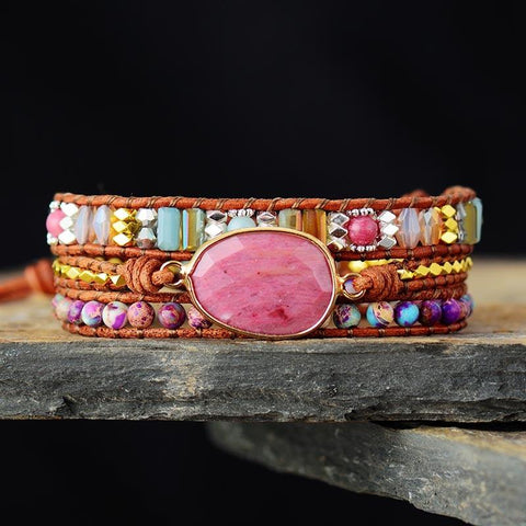 Multi-color Leather Wrap Bracelet | Natural Beads Crystal Weaving Statement Bracelet | Handmade Leather Strap Bracelet - SUNSEED THE JOURNEY