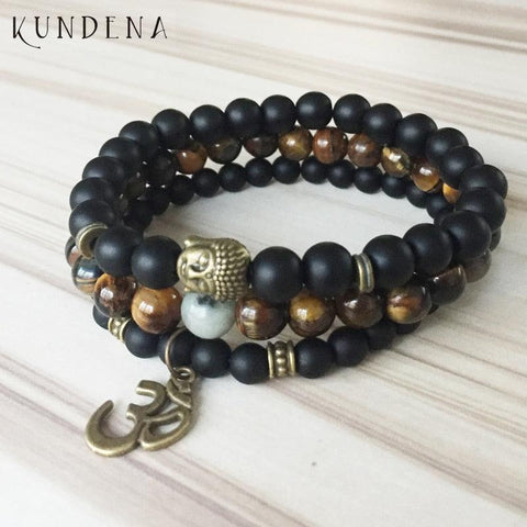 Mala Healing beads Tiger eye Matte Onyx Yoga Bracelets Bronze Buddha Om wrist Set of 3 bracelet for Man Gift For Him - SUNSEED THE JOURNEY