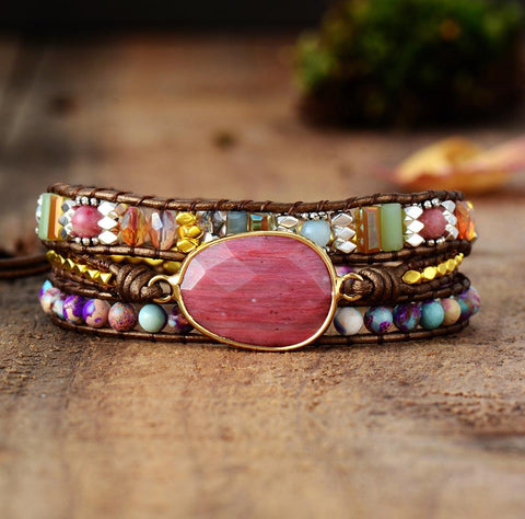 Multi-color Leather Wrap Bracelet | Natural Beads Crystal Weaving Statement Bracelet | Handmade Leather Strap Bracelet