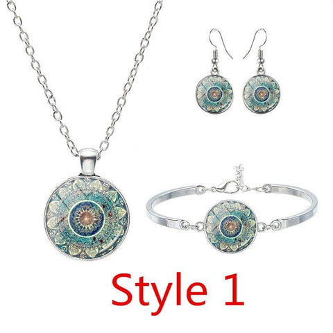 Glass Cabochon Pendant Necklace Bracelet Earrings Om India Yoga Mandala Jewelry for Women's fashion Gift Friendship Jewelry