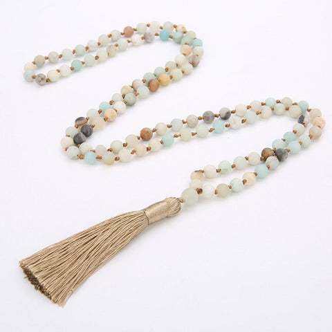 Frosted Amazonite 108 Beads Knotted Mala Necklace | Stylish Beaded Tassel Necklace | Yoga Rosary Prayer Charm - SUNSEED THE JOURNEY