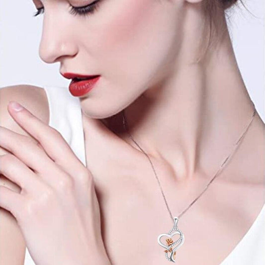 Luxurious Zircon Rose Heart Necklace | Fashion Double-Layer Long Chain Wedding Pendant | Beautiful Sterling Silver Rose Necklace - SUNSEED THE JOURNEY